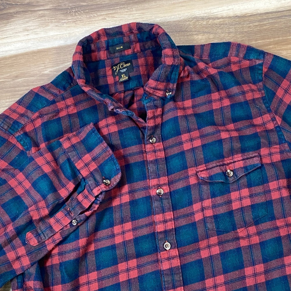 J. Crew Flannel Shirt Men XL Classic Cashmere Blend Slim Red Blue Plaid Heritage